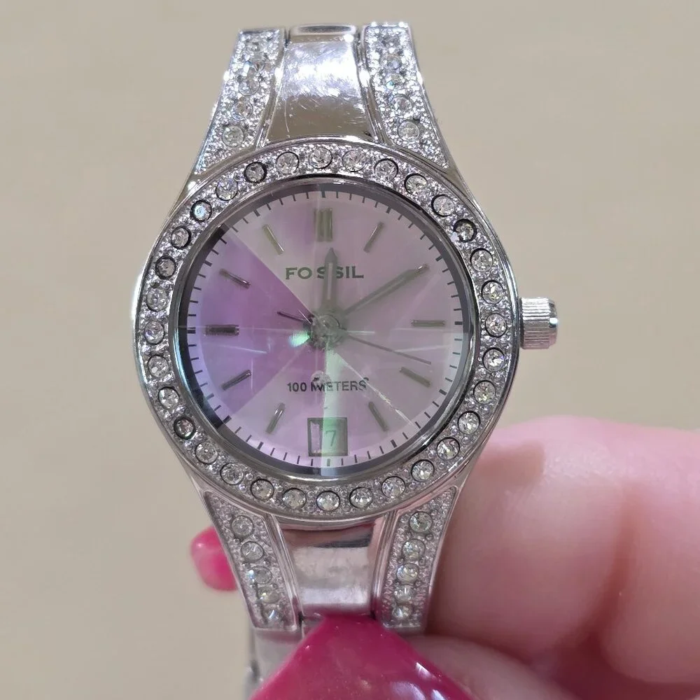 FOSSIL BLUE Pink Dial Rivoli Crystal 100M Quartz Watch Jeweled Bezel Band AM4026